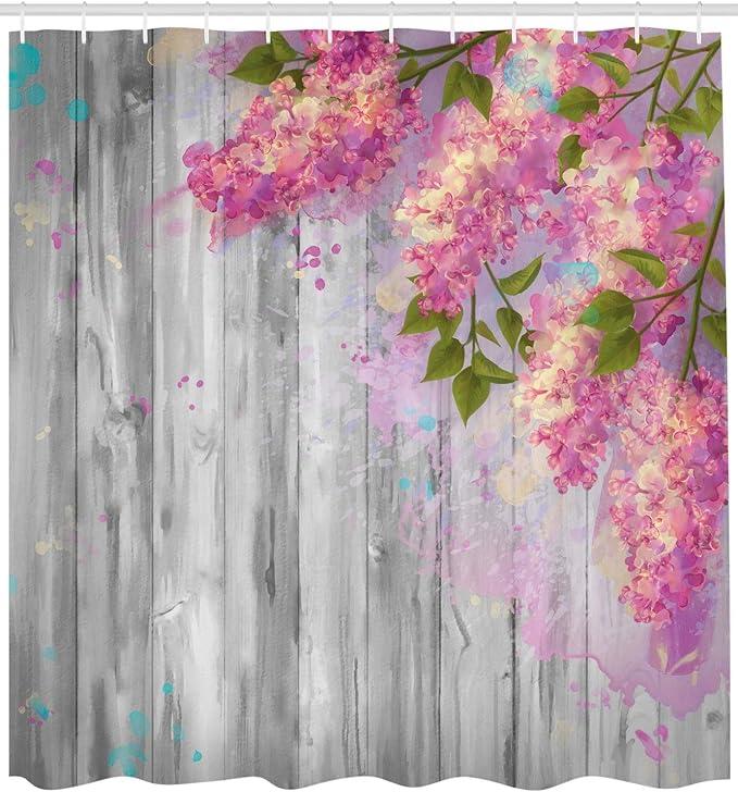 Ambesonne Flower Shower Curtain, Floral Watercolor Style Effect Branches of Lilac Bloom on Wooden Background Print, Cloth Fabric Bathroom Decor Set with Hooks, 69" W x 70" L, Grey Pink