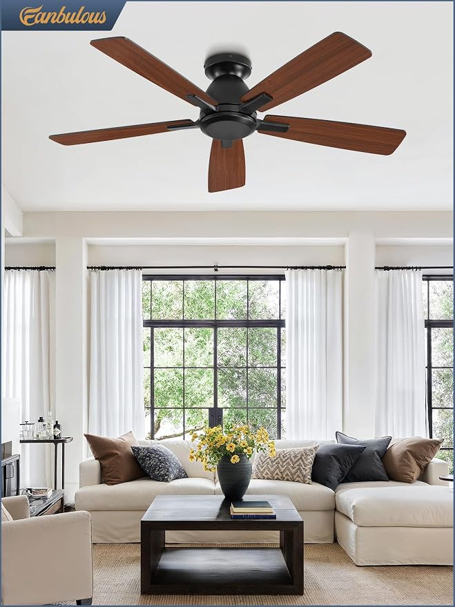 Fanbulous 46 Inch Flush Mount Ceiling Fan No Light with Remote, Black | Modern Low Profile Without Light, 6-Speed, Quiet Reversible DC Motor, Indoor/Outdoor Use, for Bedroom, Living Room, Patio