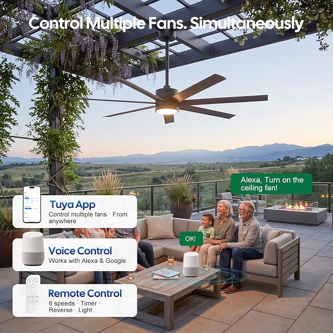 56 Inch Wet-Rated Outdoor Ceiling Fan with light, All-Weather Waterproof 7 UV-Proof Blades, Smart Alexa/App/Remote Control, High Airflow ETL Listed Quiet DC Motor, for Exterior Pergola, Patios, Gazebo