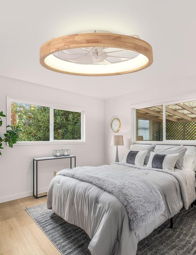 24'' Ceiling Fan with Light Fandelier Flush Mount Low Profile Wood Ceiling Fan with Dimmable LED Light 3 Color 6 Speeds