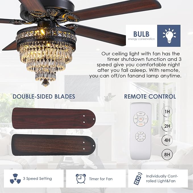 50"Black Crystal Chandelier Ceiling Fans with Lights and Remote Control | Classical Design,6 Reversible Speeds,30W Quiet DC Motor,5 Wooden Blades,2*E12 LED Bulbs Included,for Living Room Bedroom