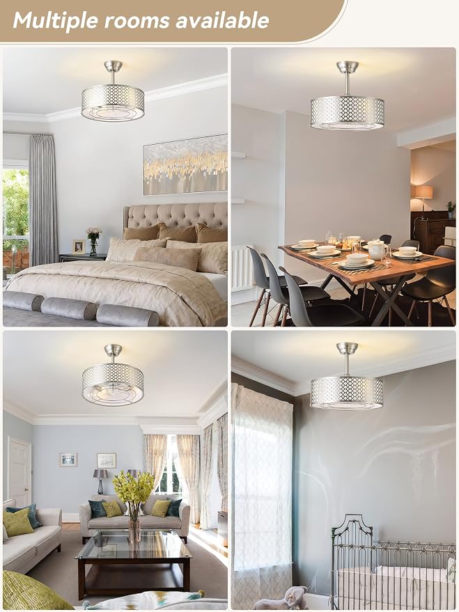 Silver Fandelier Ceiling Fan with Light, 20" Caged Boho Ceiling Fans with Lights and Remote, Mid Century with 6 Speeds for Bedroom, Living Room, Nursery