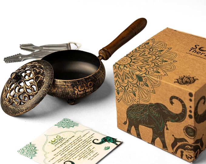 Iron Charcoal Burner with Lid & Wood Handle with Charcoal Tong, 9" Golden Finish, Burner for Incense, Charcoal Burner with Handle, Includes Charcoal Tong