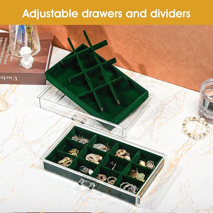 ProCase Earring Holder Organizer Jewelry Box with 3 Drawers, Acrylic Clear Earring Case with Adjustable Velvet Trays for Women - Emerald, 3 Layers