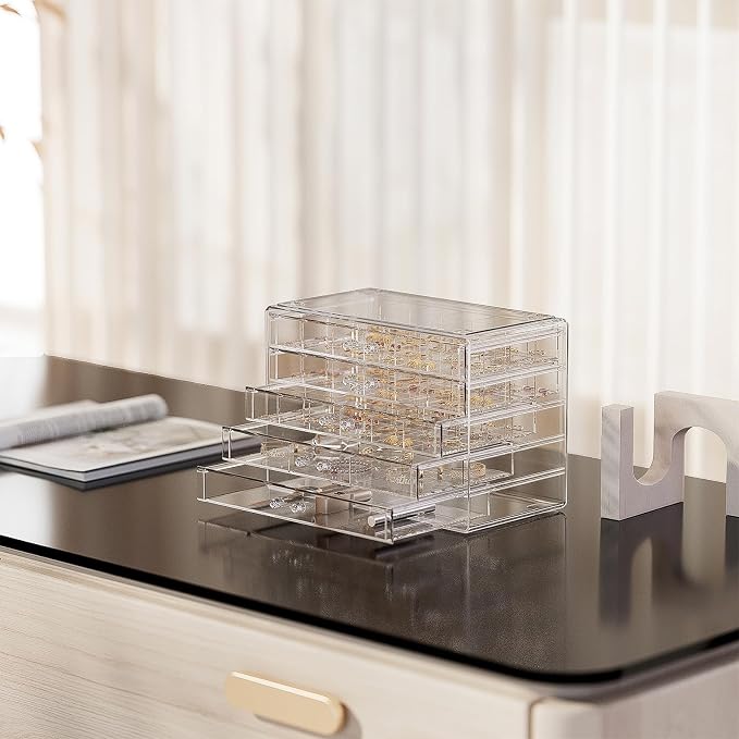 ProCase Acrylic Earrings Holder Organizer Box -Clear, 5 Layers | 79 Jewelry Storage Grid Large Clear Compartments Transparent Stackable Drawers Jewelry Display for Earring Ring Bracelet