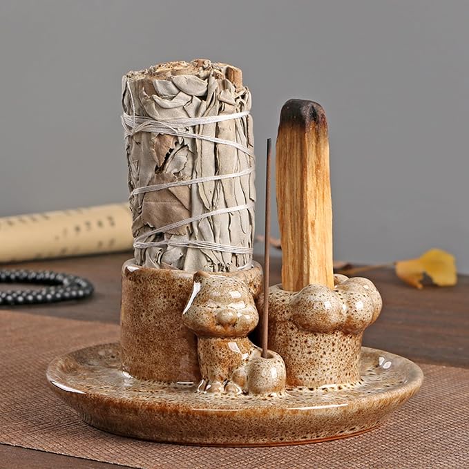 4 in 1 Palo Santo Holder, Sage Holder for Burning, Sage Tray with Incense Burner Holder for Sticks, Smudge Pot, Sage Burner Bowl, Ceramic Cat Paw Ash Catcher Tray (Brown)