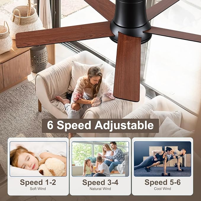 52 Inch Pro Black Flush Mount Ceiling Fans with Lights and Remote | 3CCT Dimmable LED, 6 Speed, Quiet DC Motor, 3-Level Timer Function, Forward/Reserve For all Seasons, Indoor/Covered Outdoor