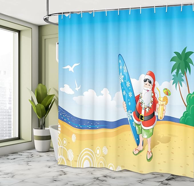 Ambesonne Christmas Shower Curtain, Santa Claus on The Beach Surfboard Summer Party Celebration Tropical Art, Cloth Fabric Bathroom Decor Set with Hooks, 69" W x 75" L, Yellow Blue