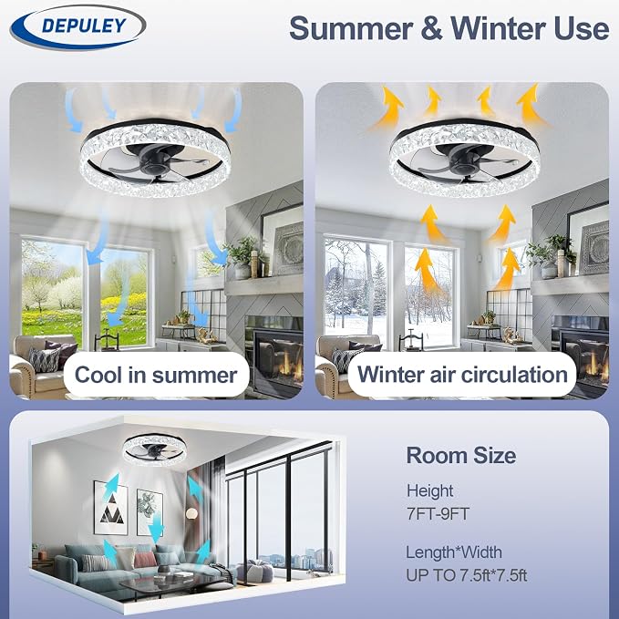 Depuley Ceiling Fans with Lights and Remote: 16" Modern Low Profile Flush Mount Ceiling Fan with App Remote Control - Black Fandelier for Bedroom Living Room Kitchen Dimmable Quiet DC Motor