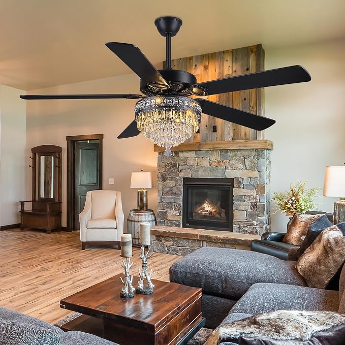 GJeg Crystal Ceiling Fan Fandelier with Lights - Outdoor Ceiling Fans with Remote Control, Farmhouse Ceiling Fan with Noiseless DC Reversible Motor,Dining Room,Living Room(62" Black)