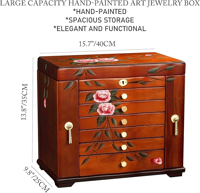 Hand-Painted Wooden Jewelry Box,jewelry boxes for women，jewlrey box&organizers with necklace hanger,jewerly organizer,10-layer large capacity jewelry storage box for jewelry