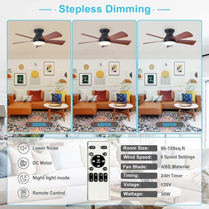 Depuley Modern Ceiling Fan with Light: 35-Inch Black Small Fans for Bedroom Indoor Outdoor - Dimmable Low Profile Ceiling Fans with Remote Control Flush Mount 5 Reversible Walnut Blades 6 Speeds Timer