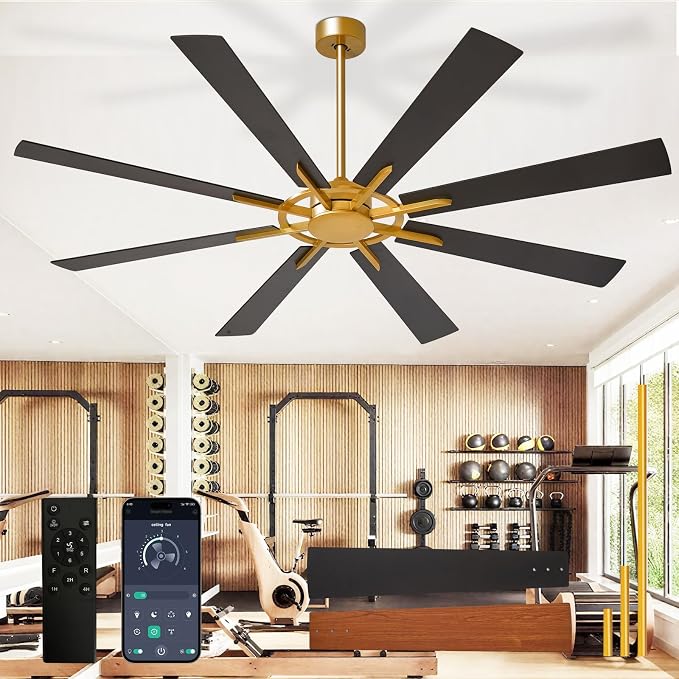 Large Ceiling Fan No Light: Modern 72 Inch 8 Blade Outdoor Ceiling Fans with Remote APP Control - Black Gold Big Fan without Light Indoor Reversible 6 Speed Quiet DC Motor