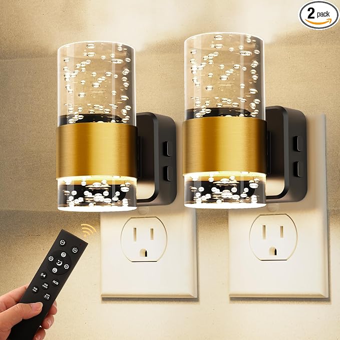 L LOHAS LED Night Light, [2-Pack] Dimmable Night Lights Plug into Wall | Remote Control, RGB Color Changing, Dusk to Dawn Sensor, Acrylic Bubble Nightlight for Bathroom