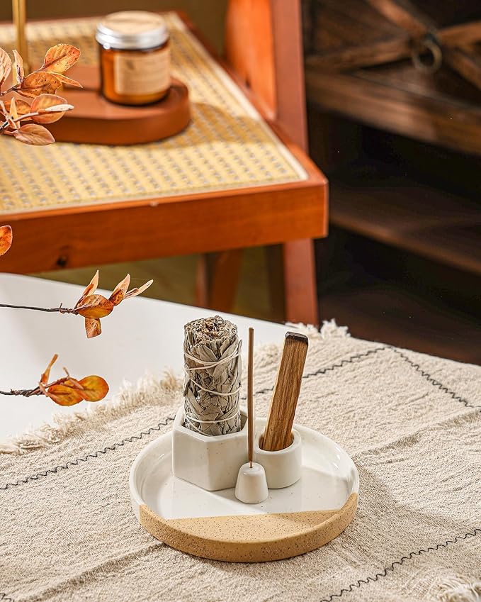 4 in 1 Incense Holder, 5.6" Ceramic Smudge Tray, Sage Holder, Palo Santo Holder, Incense Holder for Sticks, Smudging Burner, Ideal for Smudging Meditation Yoga Room, Simple, Sturdy