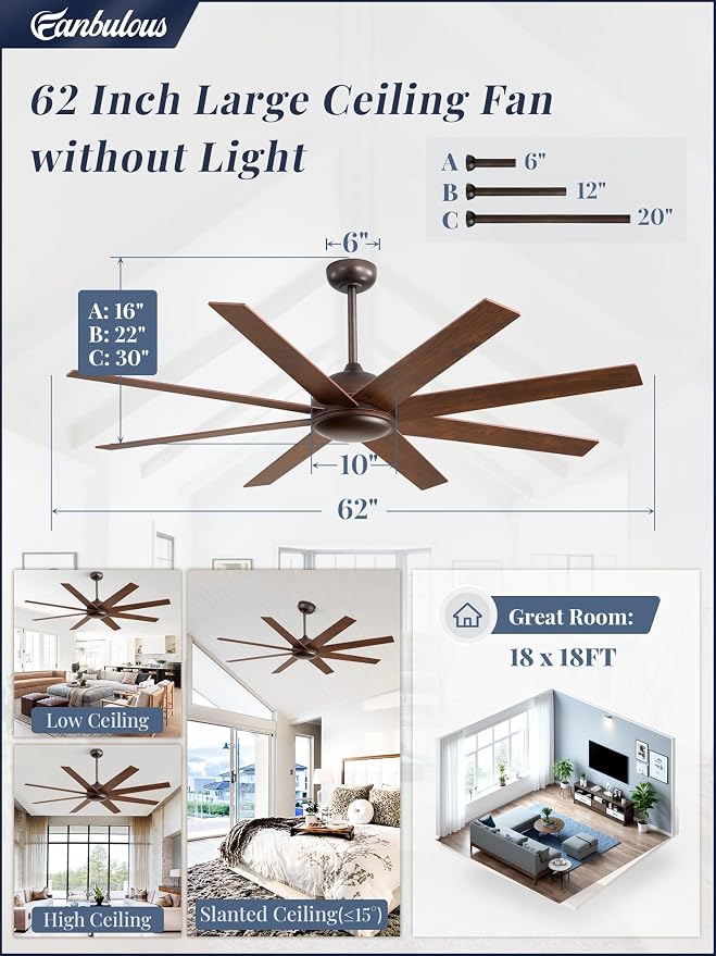 62 Inch Oil Rubbed Bronze Ceiling Fans No Light, Farmhouse Ceiling Fan with Remote, 6-Speeds, Quiet Reversible DC Motor, 8 Blades, Indoor/Outdoor Rustic Ceiling Fan for Living Room, Garage, Patio