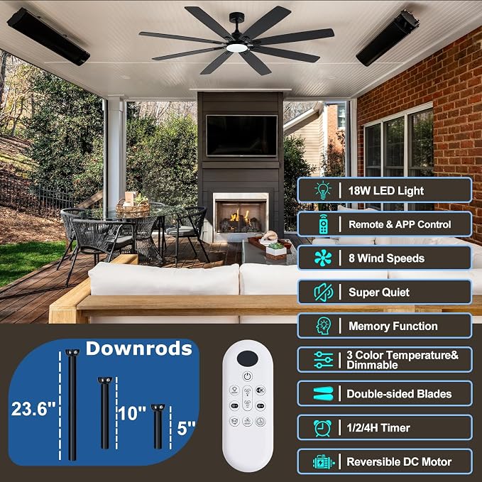 Coolwind 72in Large Outdoor Ceiling Fan, Display Remote&APP Control, Black 8 Blade Ceiling Fan with Light, 6 Speeds, Dimmable, Silent DC Reversible Motor, Double Sided Blade for Patio, Porch