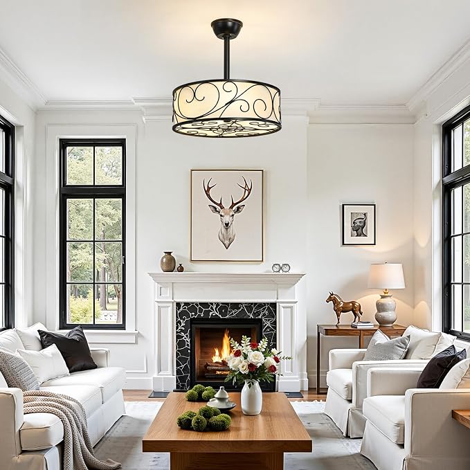 Farmhouse Caged Ceiling Fan Light: 18.9" Semi Flush Mount Ceiling Fan Lights Bladeless Fandelier with Remote/Timer/Reversible 6 Speeds/DC Motor Small Ventilador de Techo for Bedroom Living Room
