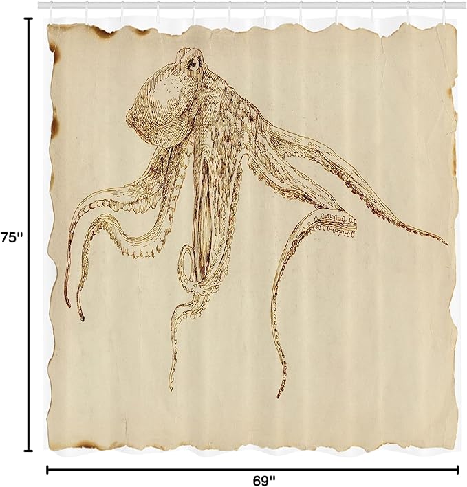 Ambesonne Octopus Shower Curtain, Octopus Illustration Sketch Style with Large Tentacles Vintage Art Print Marine, Cloth Fabric Bathroom Decor Set with Hooks, 69" W x 75" L, Ecru Brown