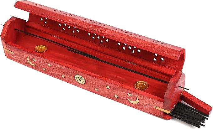 Incense Garden Pack of 2 Incense Stick Holder - Coffin Style - Wood Incense Stick Burner with Sun Moon Star Handmade with Brass Inlays (Red)