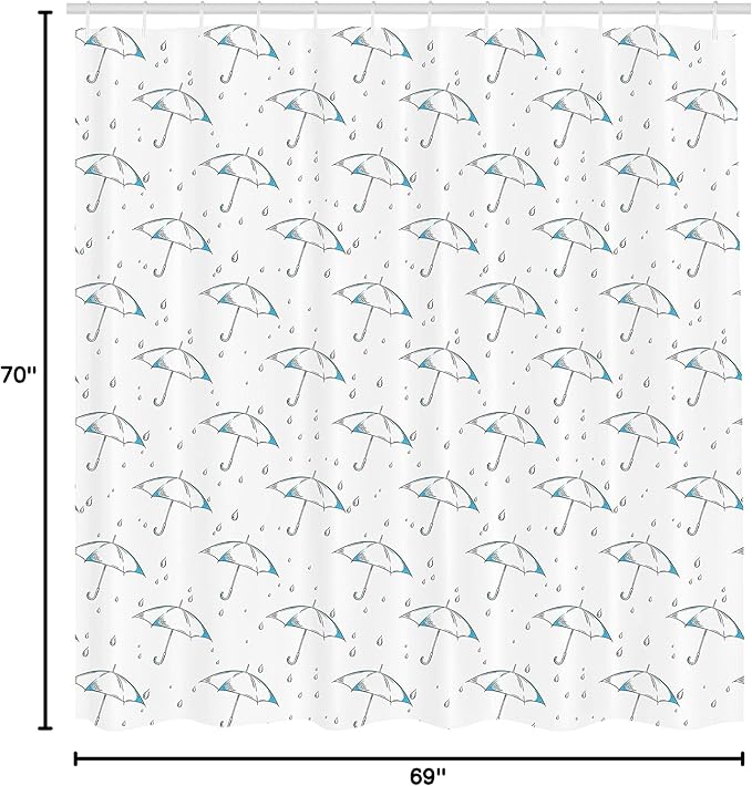 Ambesonne Umbrella Shower Curtain, Repetitive Simple Sketchy Parasol Motif and Rain Drops Fall Autumn Season Themed Artwork Pattern, Cloth Fabric Bathroom Set with Hooks, 69" W x 70" L, White Blue