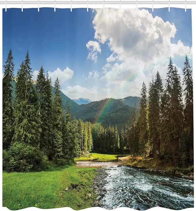 Ambesonne Landscape Shower Curtain, Riverside Flowing Mountain with Towering Pine Trees and Rainbow Clouds Sunny Day, Cloth Fabric Bathroom Decor Set with Hooks, 69" W x 75" L, Hunter Green