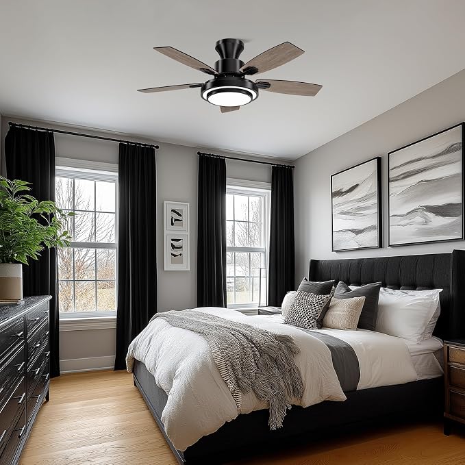 Ceiling Fans with Lights and Remote Control, 42 Inch Low Profile Ceiling Fan with Quiet Reversible DC Motor, Dimmable LED Lighting, 6 Speeds, Timer, Black Ceiling Fan for Bedroom Living Room
