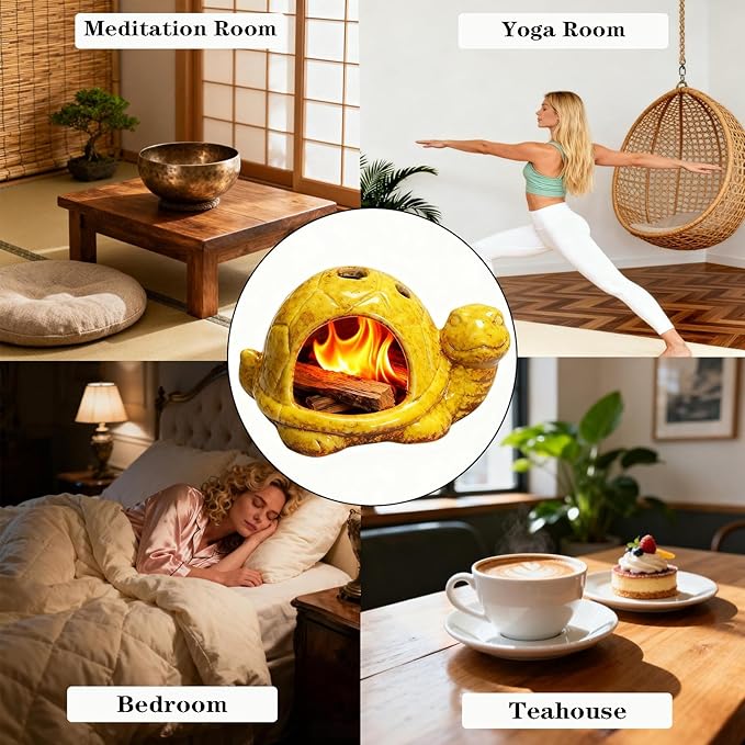 Ceramic Turtle Mini Chiminea- Multifunctional Incense Holder for Sage, Cone Incense, Copal & Small Candle | Aromatherapy Gift for Meditation, Yoga, Zen Spaces | Indoor Use, Hamster Nest Decor (Yellow)