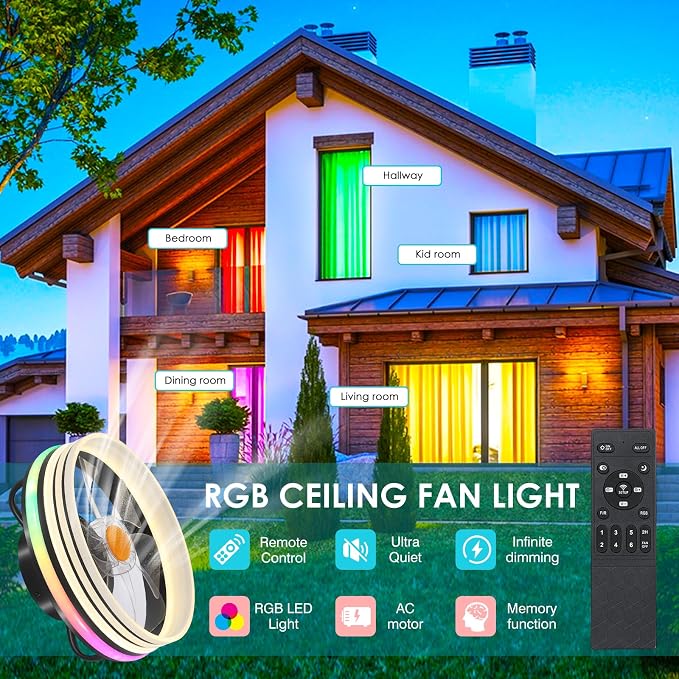 Mpayel RGB Ceiling Fans with Lights and Remote, 13" Low Profile Ceiling Fan | RGB, 6 Speeds, Dimmable, Reversible DC Motor, Modern Enclosed Flush Mount Ceiling Fan for Bedroom Kids Room