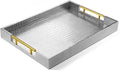 ATZYmolin 17"x12" Leather Serving Tray, Gold Handle Vanity Platter, Silvery | Rectangle Ottoman Decor Tray, Polished Metal Handles, Coffee Table Bathroom Home Decorative Wood Tray