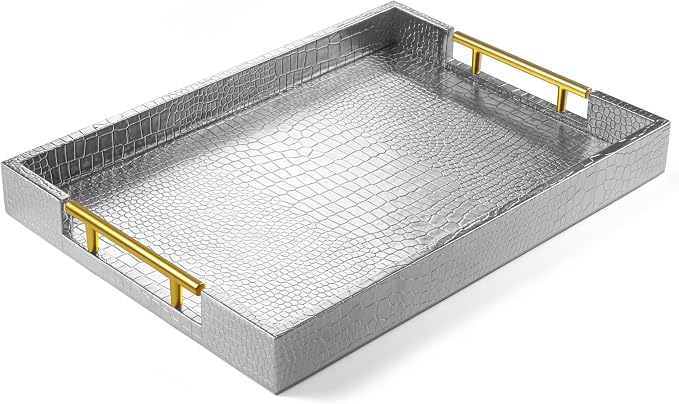 ATZYmolin 17"x12" Leather Serving Tray, Gold Handle Vanity Platter, Silvery | Rectangle Ottoman Decor Tray, Polished Metal Handles, Coffee Table Bathroom Home Decorative Wood Tray