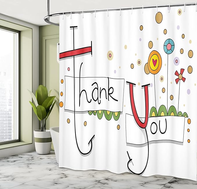Ambesonne Graphic Art Shower Curtain, Fun Thank You Typography with Abstract Cartoon Style Flowers Hearts and Dots, Cloth Fabric Bathroom Decor Set with Hooks, 69" W x 70" L, Green Black