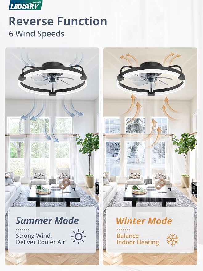 LEDIARY 2 Pack Ceiling Fans with Lights and Remote, 20'' Low Profile Ceiling Fan with Light, 3000-6000K Dimmable Fandelier LED Fan Light, 6 Wind Speeds, Black Flush Mount Ceiling Fan for Bedroom
