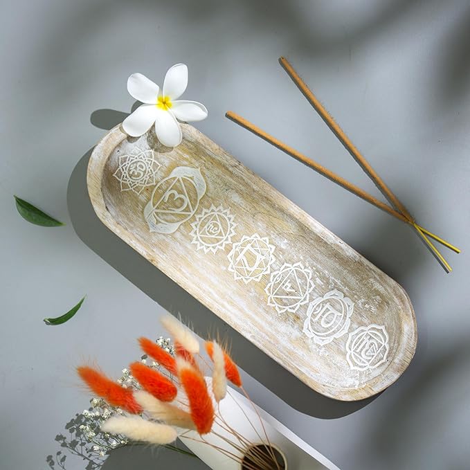 raajsee Wooden Rosewood Incense Holder - Incense Burner - Ash Catcher - Incense Stick Holder - Meditation & Yoga - Great Gift for Any Occasion Size 11x4 inch (Seven Chakra White)