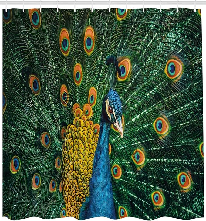 Ambesonne Peacock Shower Curtain, Portrait of The Peacock Courtship Display Eye Spotted Tail Tropics Natural, Cloth Fabric Bathroom Decor Set with Hooks, 69" W x 75" L, Orange Blue Green