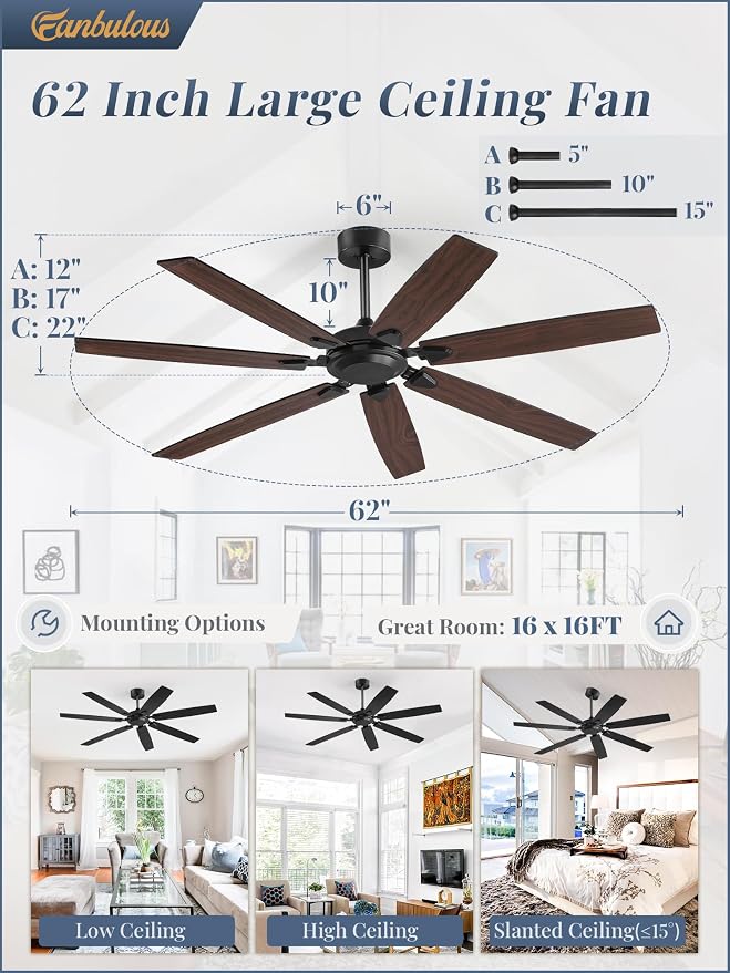 Fanbulous 62 Inch Ceiling Fan No Light, 6-Speed Quiet DC Motor with Remote | Durable Metal Housing, Whisper-Quiet DC Motor, Powerful 62" Airflow, 6-Speed Remote, Reversible, Timer, Indoor/Outdoor