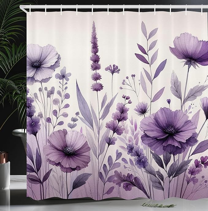 Ambesonne Purple Shower Curtain, Picturesque Pastel Tones Pansy Flowers Garden Cold Morning in a Meadow, Cloth Fabric Bathroom Decor Set with Hooks, 69" W x 84" L, Lilac Pale Grey Blush