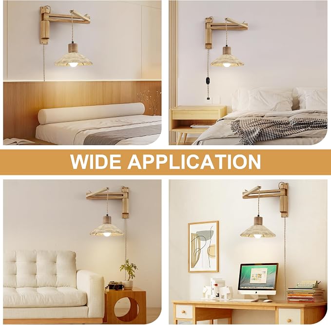 Wood Plug in Wall Sconces, Swing Arm Wall Lamp with Dimmable On Off Switch, Vintage Wall Mounted Light Fixture with Cord for Bedroom Nightstand Bedside Reading Lamp - Bulb Included