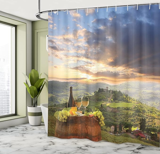Ambesonne Winery Shower Curtain, Vineyard in Chianti Tuscany Italy Autumn Sunrise Dramatic Clouds, Cloth Fabric Bathroom Decor Set with Hooks, 69" W x 84" L, Lime Green