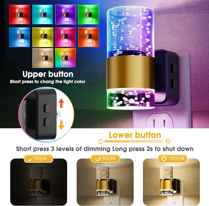 L LOHAS LED Night Light, [2-Pack] Dimmable Night Lights Plug into Wall | Remote Control, RGB Color Changing, Dusk to Dawn Sensor, Acrylic Bubble Nightlight for Bathroom
