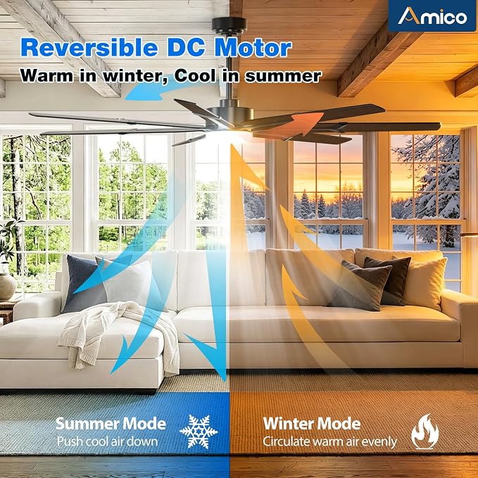 Amico 72 Inch Ceiling Fans with Lights and Remote, Indoor Outdoor Ceiling Fan for Patio Living Room, Kitchen, Quiet 6-Speed Reversible DC Motor, Dual-Sided Blades, Modern Farmhouse Dimmable & 3CCT