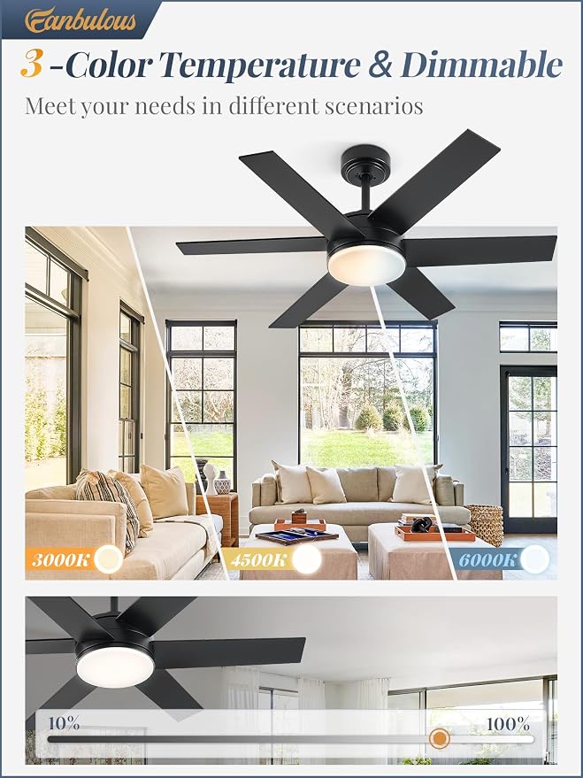 Fanbulous 42'' Ceiling Fan with Lights and Remote, Reversible 6 Blades & Dimmable 3-Color Modern Fan for Patios, DC Motor Large Ceiling Fan for Indoor or Outdoor, Black
