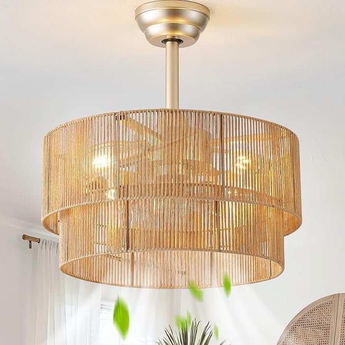 20" Caged Boho Ceiling Fans with Lights, Rattan Fandelier Chandelier Ceiling Fan with Light Remote Control with 6 Speeds for Bedroom, Nursery