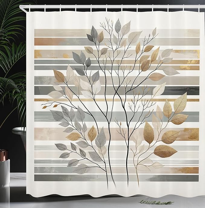 Ambesonne Striped Shower Curtain, Abstract and Boho Neutral Tones with Leaves on Lines Backdrop Print, Cloth Fabric Bathroom Decor Set with Hooks, 69" W x 75" L, Pale Brown Grey and Camel