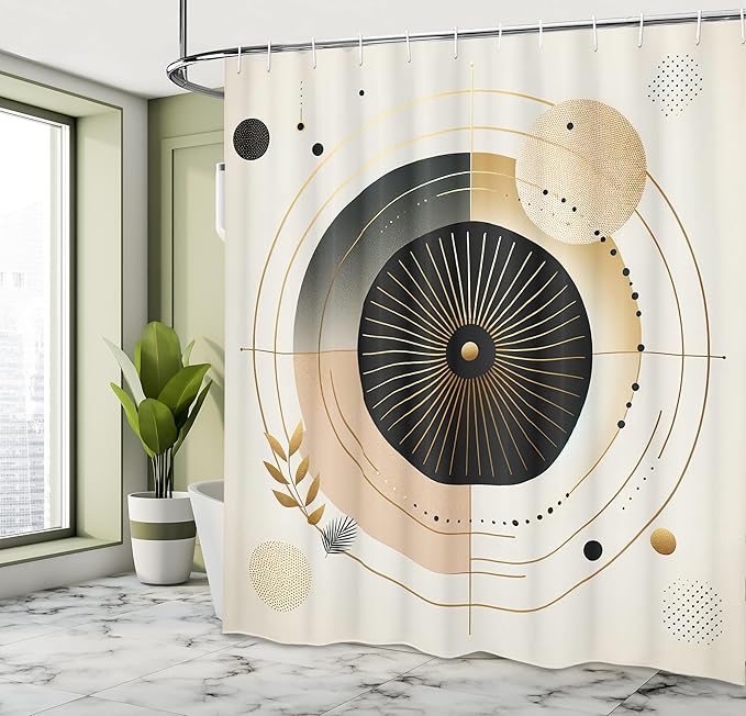 Ambesonne Modern Shower Curtain, Abstract Space Harmony Rounds and Circle Lines with Leafy Orbits Boho, Cloth Fabric Bathroom Decor Set with Hooks, 69" W x 84" L, Pale Mustard Dark Brown
