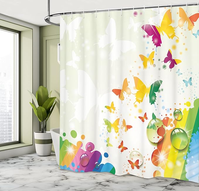 Ambesonne Colorful Shower Curtain, Silhouettes of Butterflies Freedom of The Nature Festival Art Print, Cloth Fabric Bathroom Decor Set with Hooks, 69" W x 70" L, Pale Green White Multicolor