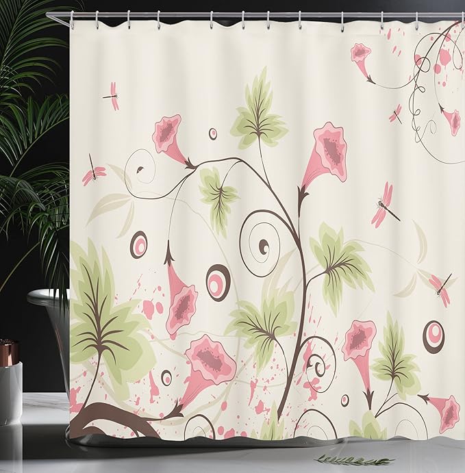 Ambesonne Dragonfly Shower Curtain, Cup Shaped Romantic Swirling Pastel Vibrant Flowers and Mature Dragonflies Print, Cloth Fabric Bathroom Decor Set with Hooks, 69" W x 70" L, Beige Pink