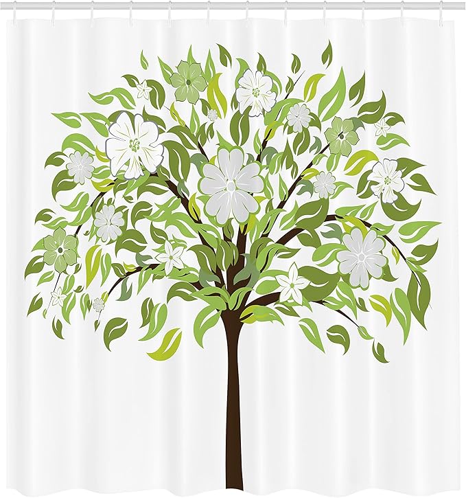 Ambesonne Nature Shower Curtain, Summer Tree with Flourishing Flowers Spring Blossoms Seasonal Print, Cloth Fabric Bathroom Decor Set with Hooks, 69" W x 70" L, Green Brown White