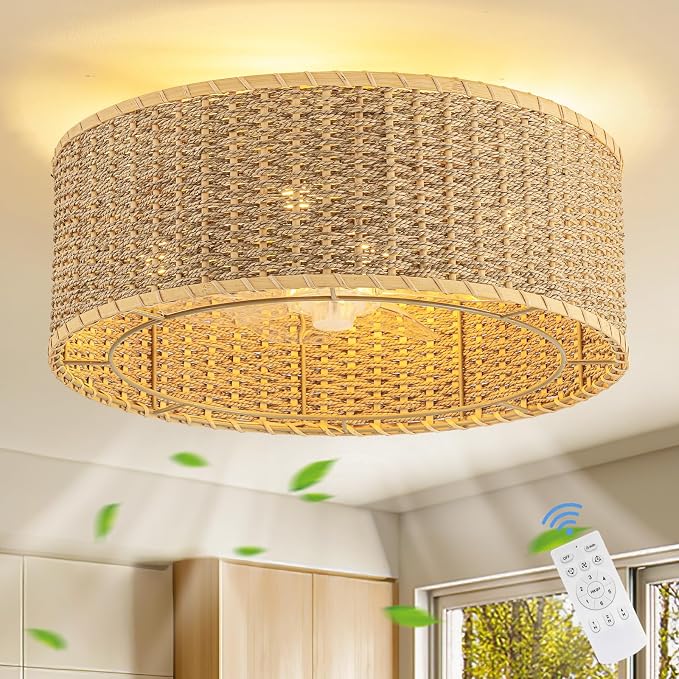 Boho Ceiling Fan with Light,Caged Ceiling Fan with Remote Control Reverible Blades Low Profile 6 Speeds Farmhouse Rattan Fandelier Chandelier Ceiling Fans for bedroom dining room kitchen living room