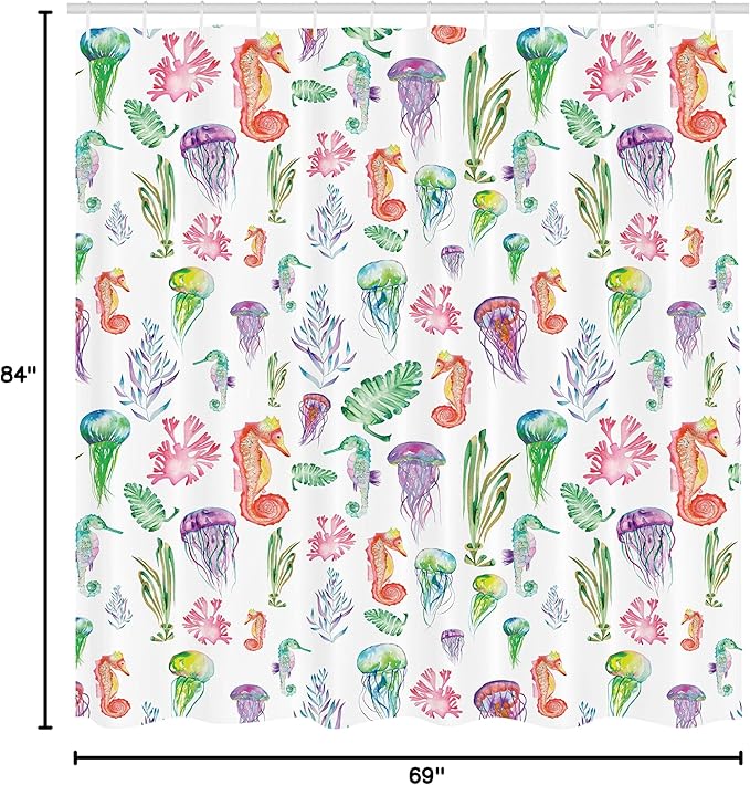 Ambesonne Jellyfish Shower Curtain, Colorful Seahorses Jellyfish and Seaweed Algae Fun Underwater Design Pattern, Cloth Fabric Bathroom Decor Set with Hooks, 69" W x 84" L, Green Pink